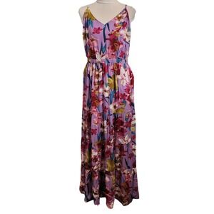 Boutique Tropical Floral Purple Tiered Maxi Dress 1X Tall Wedding Guest Boho